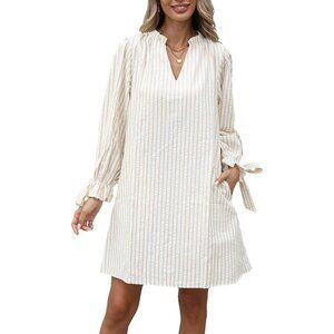 Women's Cotton Stripe A-Line Dress V-Neck Puff Sleeves Pockets Summer